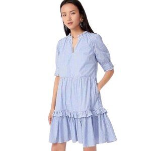 J. Crew Blue White Stripe Ruffle Tiered Short Sleeve Cotton Dress